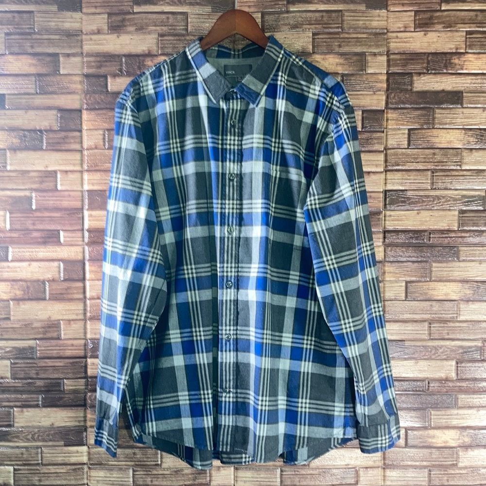 Vince Men's Size XXL Checkered Cotton Button Front Long Sleeve Shirt
